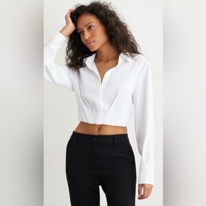 Dynamite White Cropped Long Sleeve Notched Collar Shirt